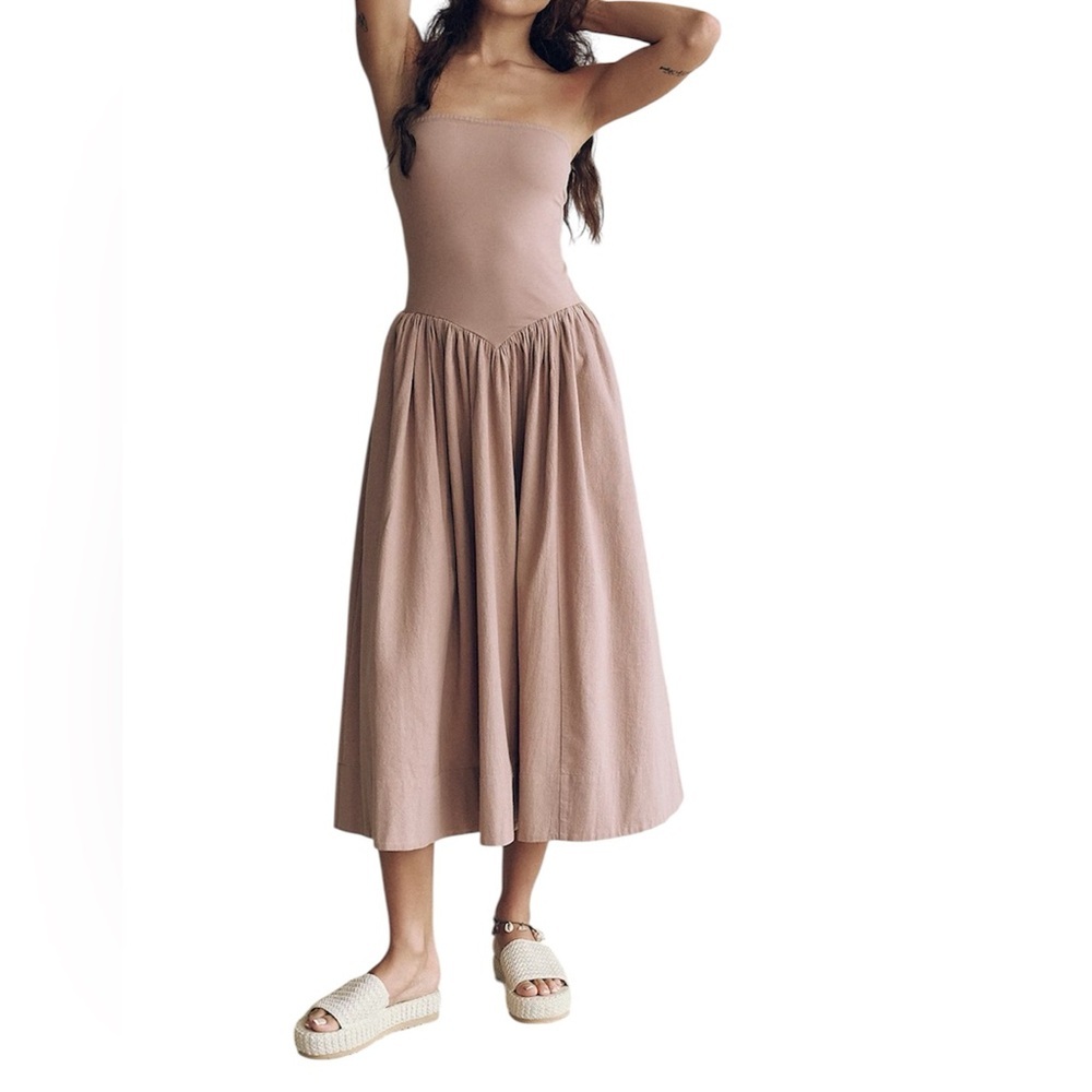 Free People Elegant Tan Strapless Tube Midi Dress NWT